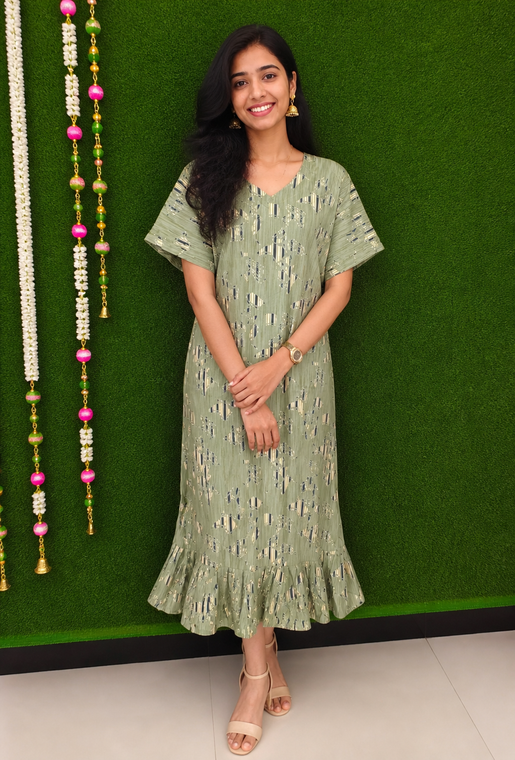 Olive Green Abstract Print Ruffle Hem Midi Dress