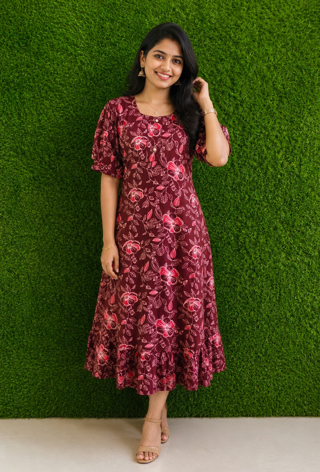 Maroon Floral Midi Dress