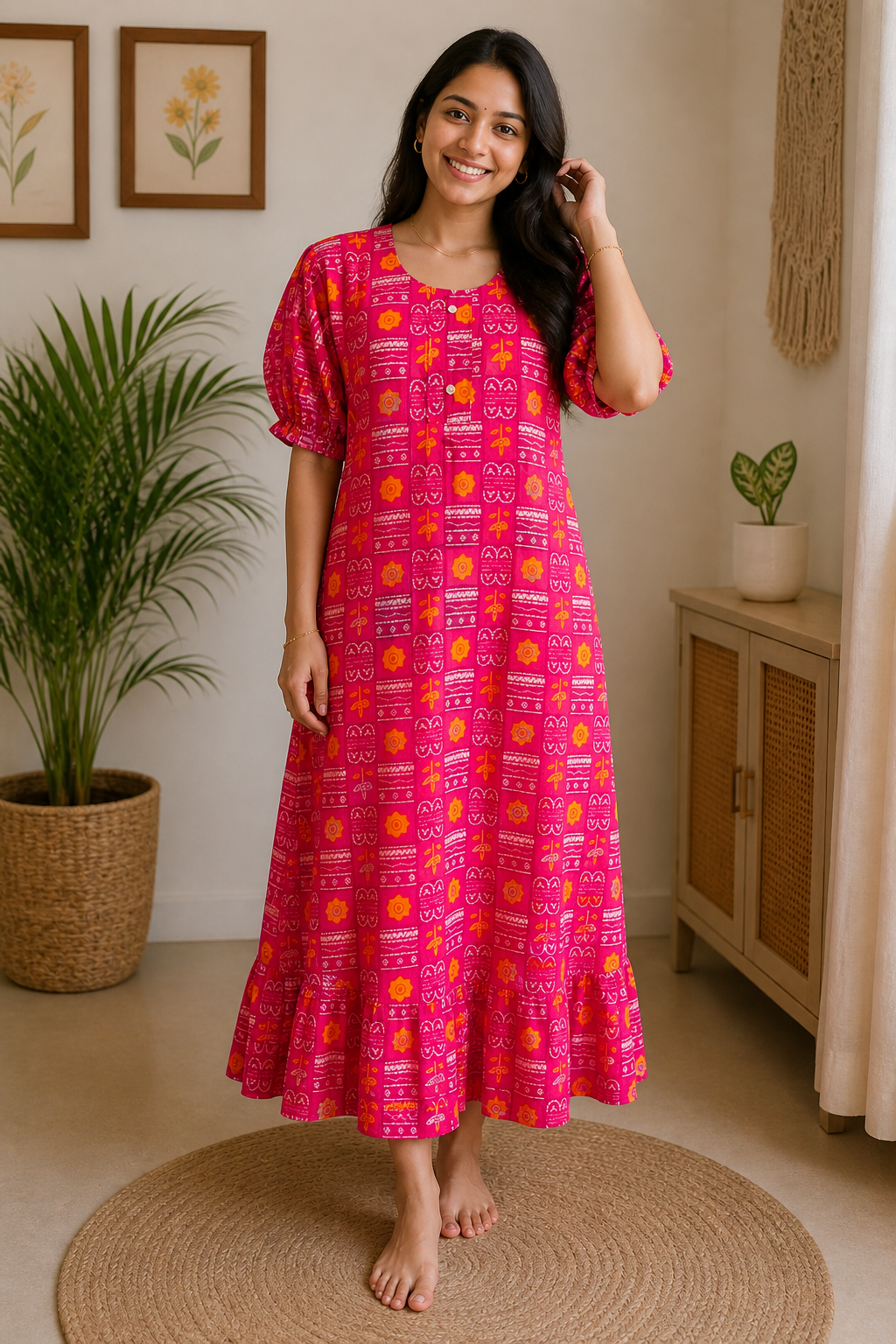 Pink Ethnic Printed Cotton Nighty Dress