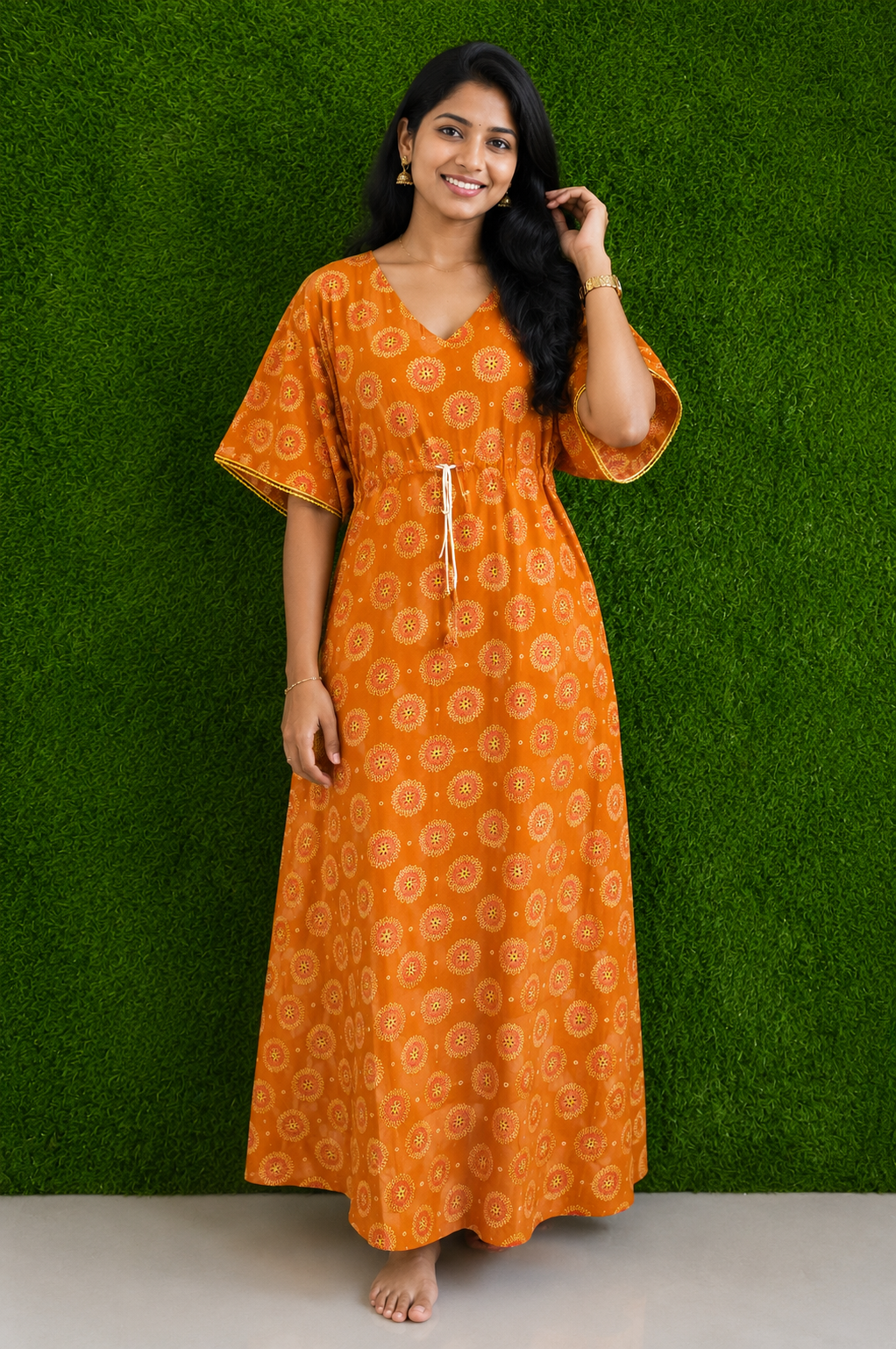 Orange Floral Printed Cotton Nighty
