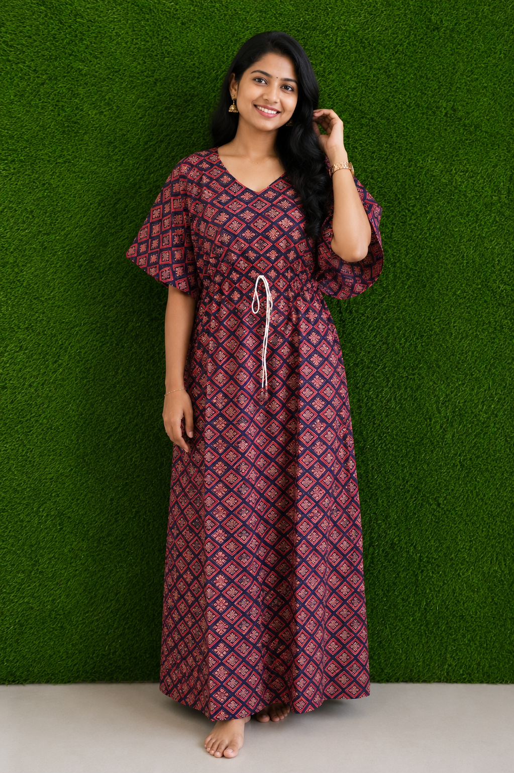 Maroon Geometric Printed Cotton Nighty
