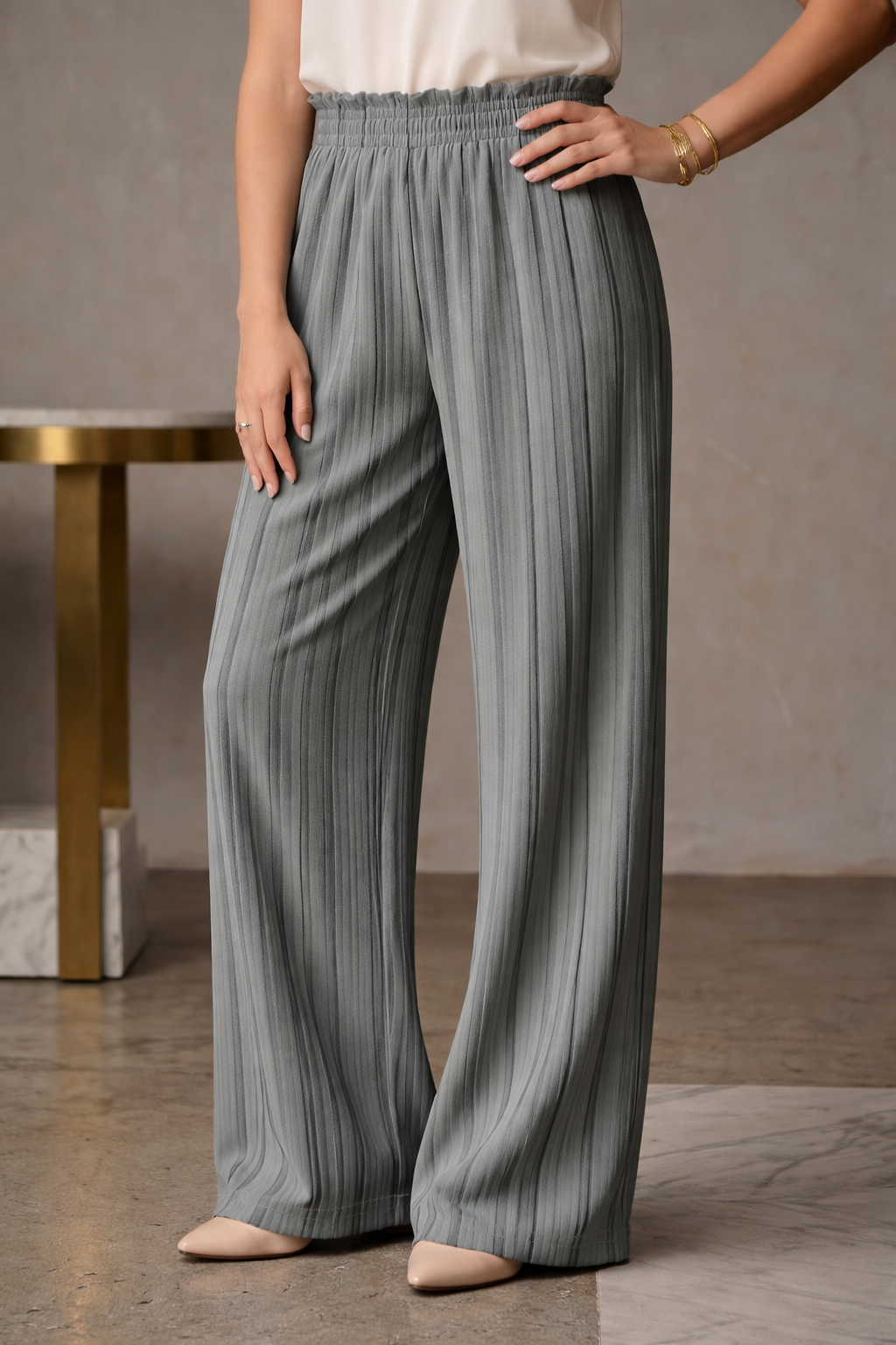 Women’s Elegant Grey Textured Palazzo Trousers