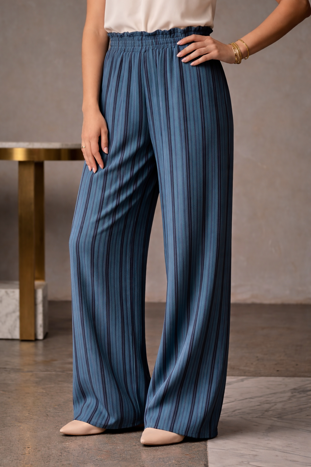 Women’s Blue Striped Pleated Palazzo Pants