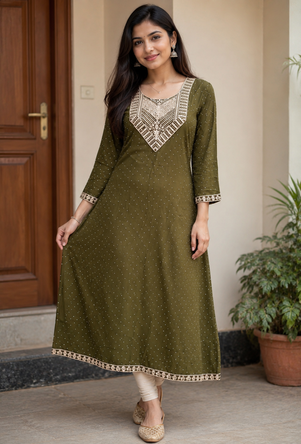 Olive Grace Embroidered Anarkali Kurti
