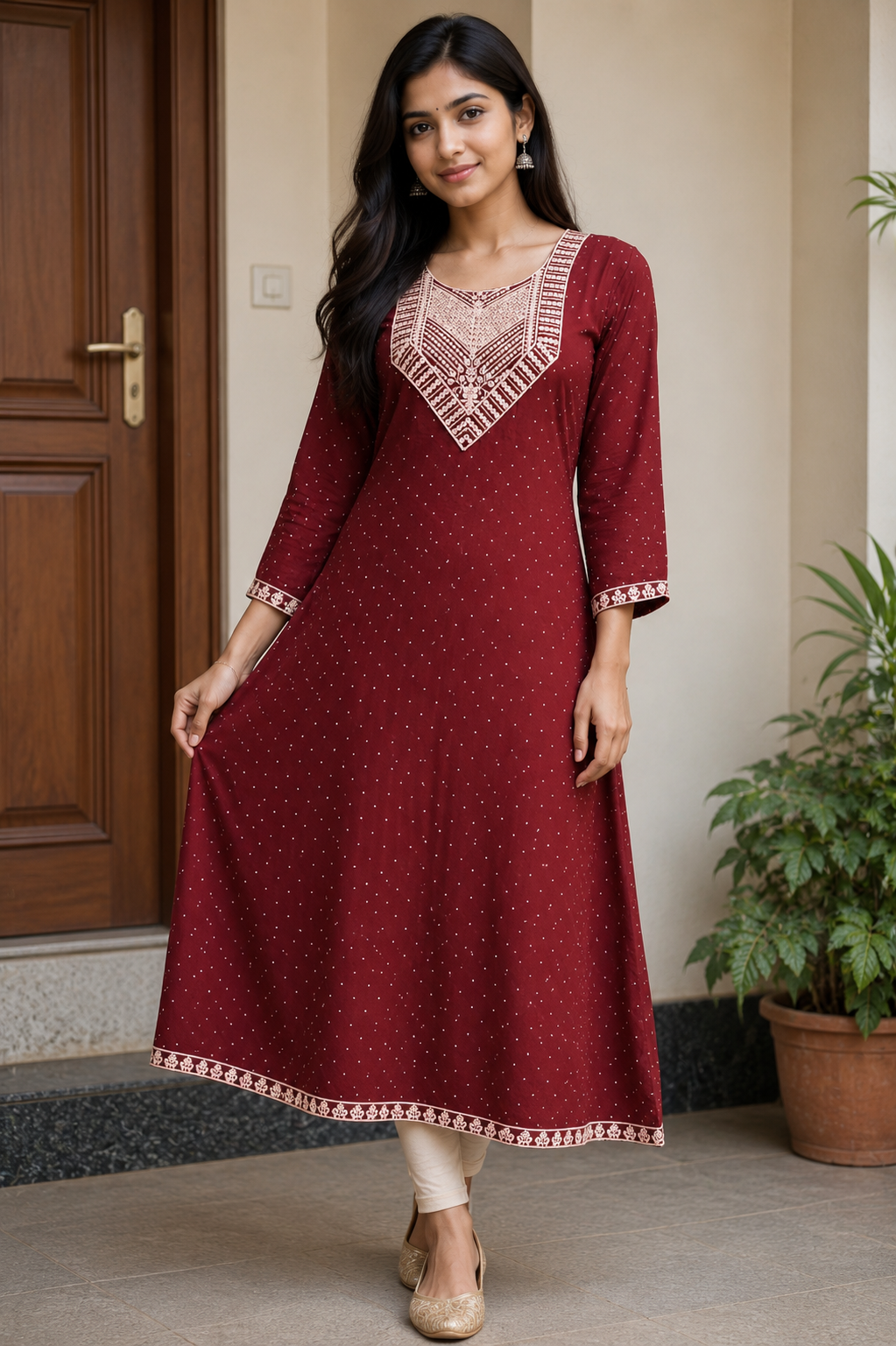 Maroon Embroidered Yoke Anarkali Kurti