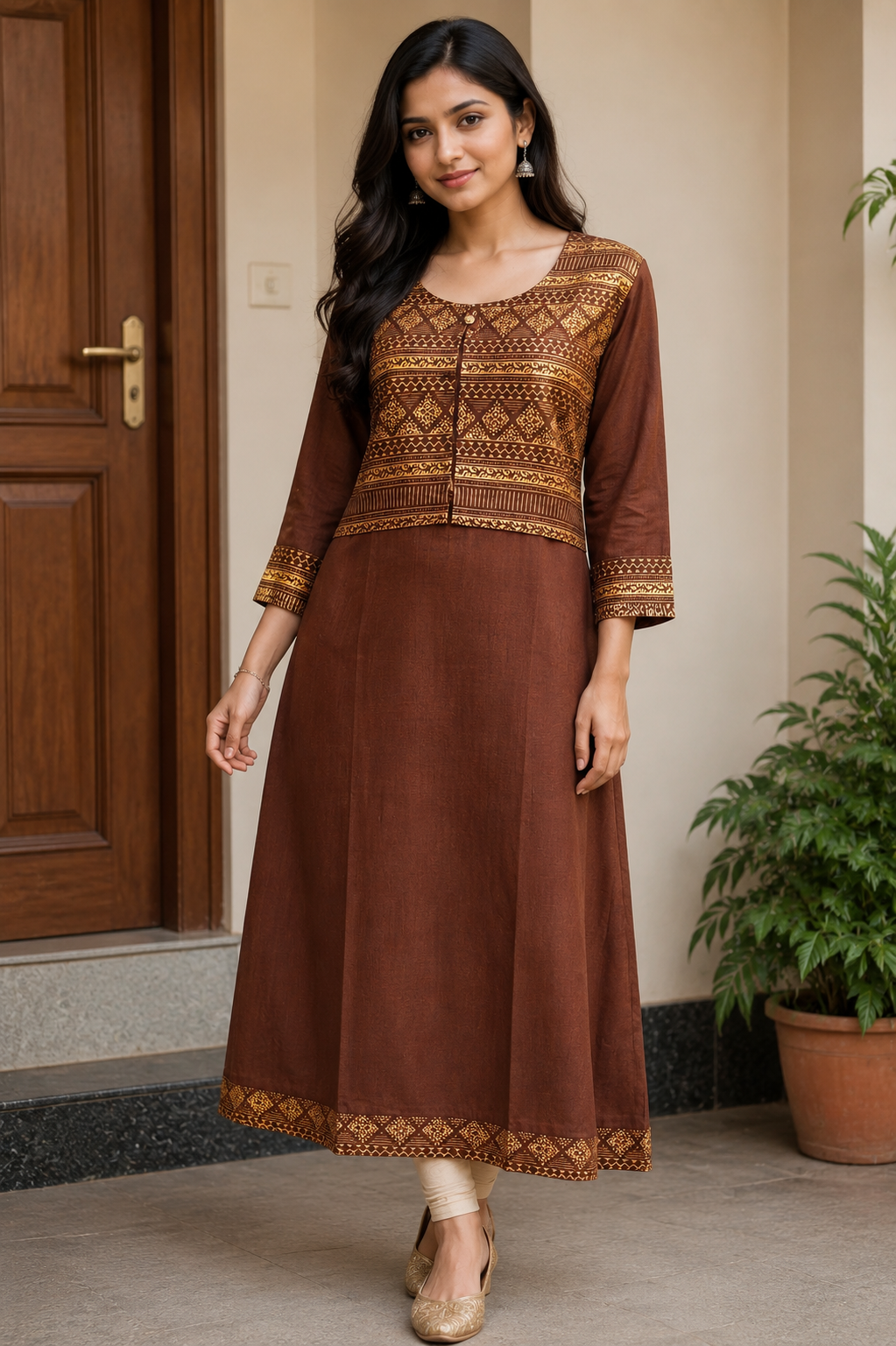Chocolate Brown Printed Yoke Anarkali Kurti