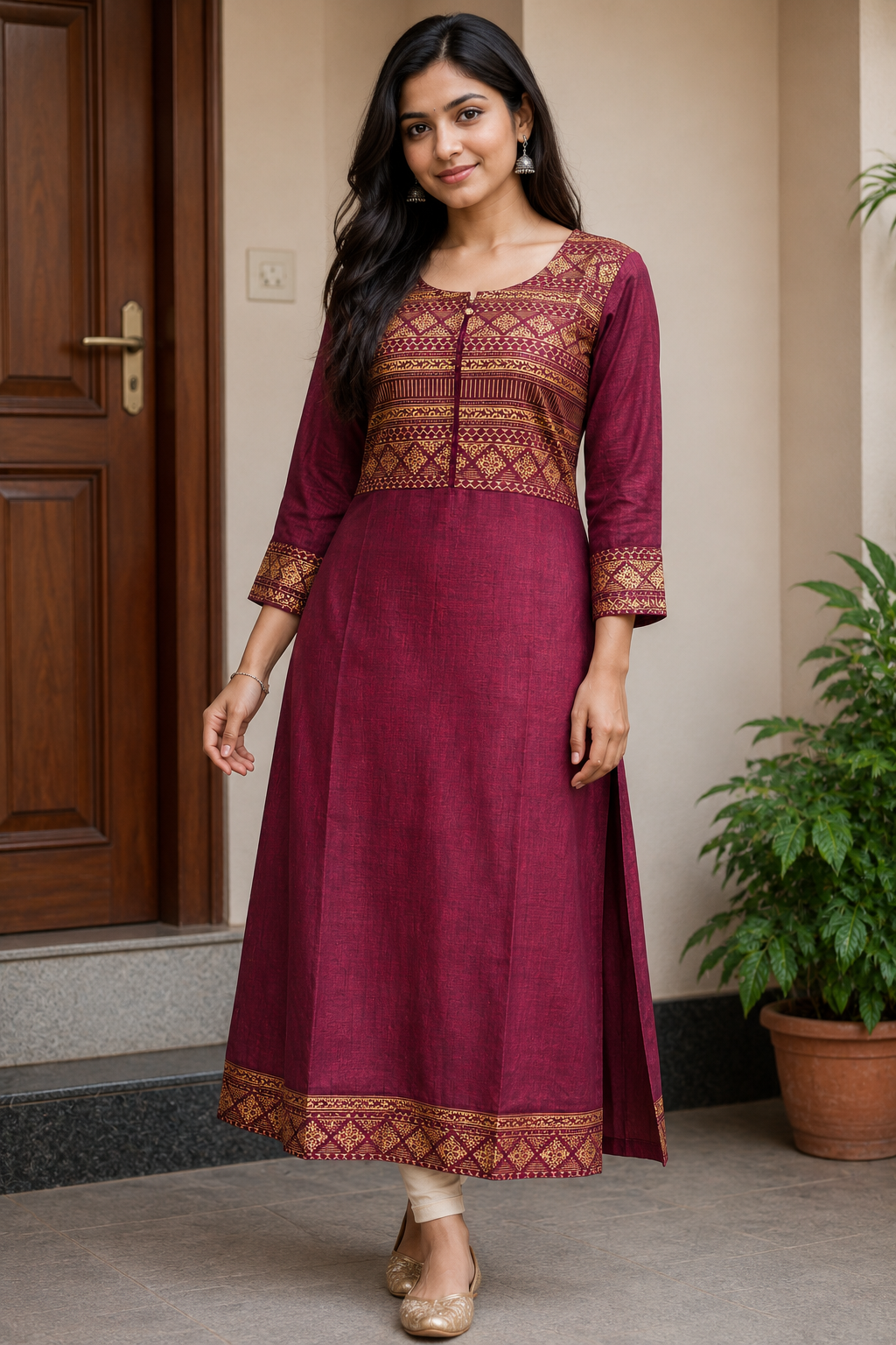 Maroon Ethnic Printed A-Line Kurta