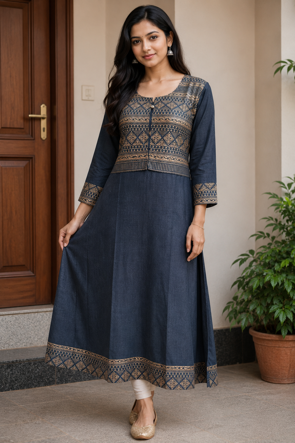 Navy Blue Ethnic Printed A-Line Kurta