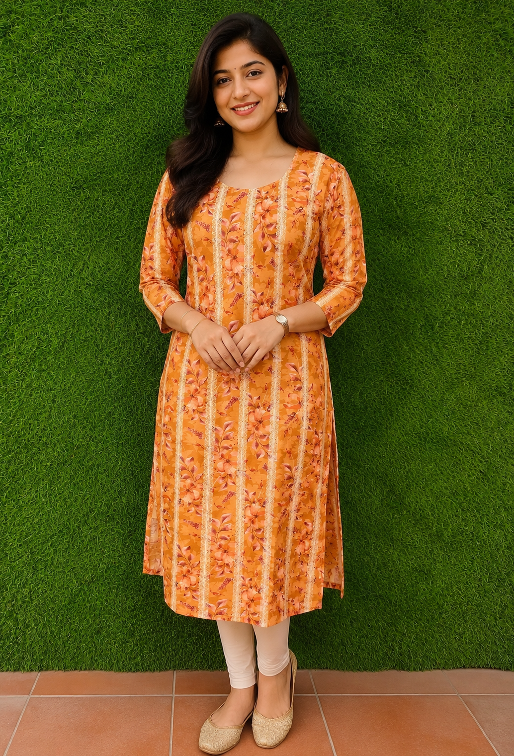 Orange Floral Printed Straight Kurta