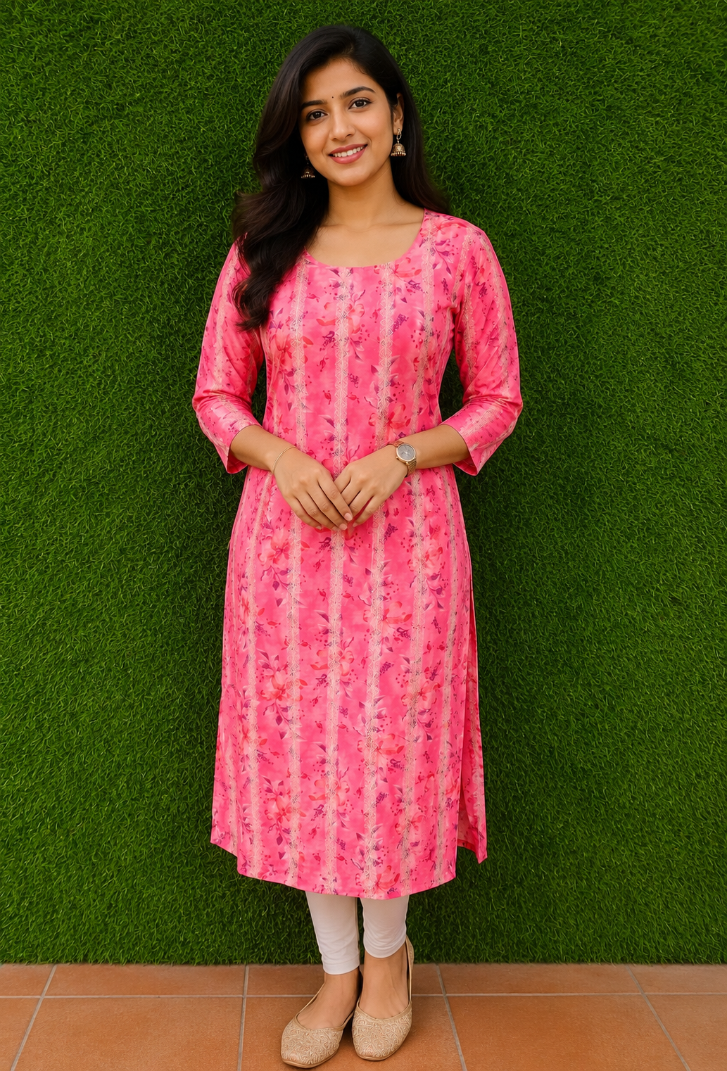Pink Floral Printed Straight Kurti