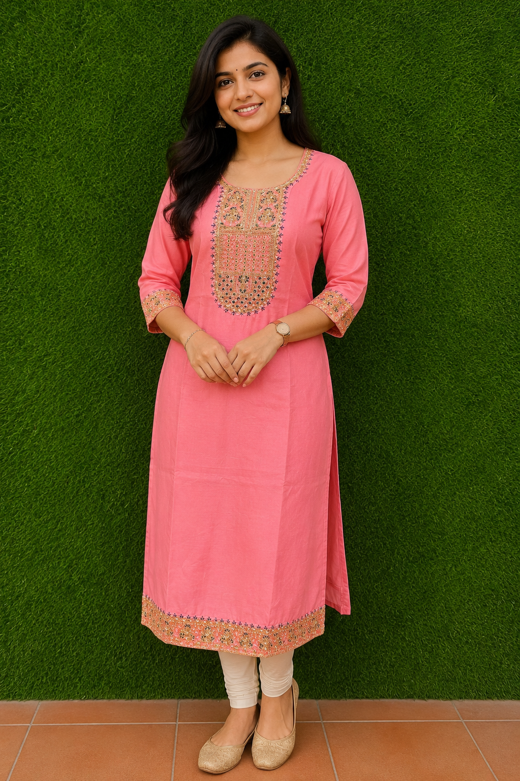 Peach Embroidered Straight Kurti