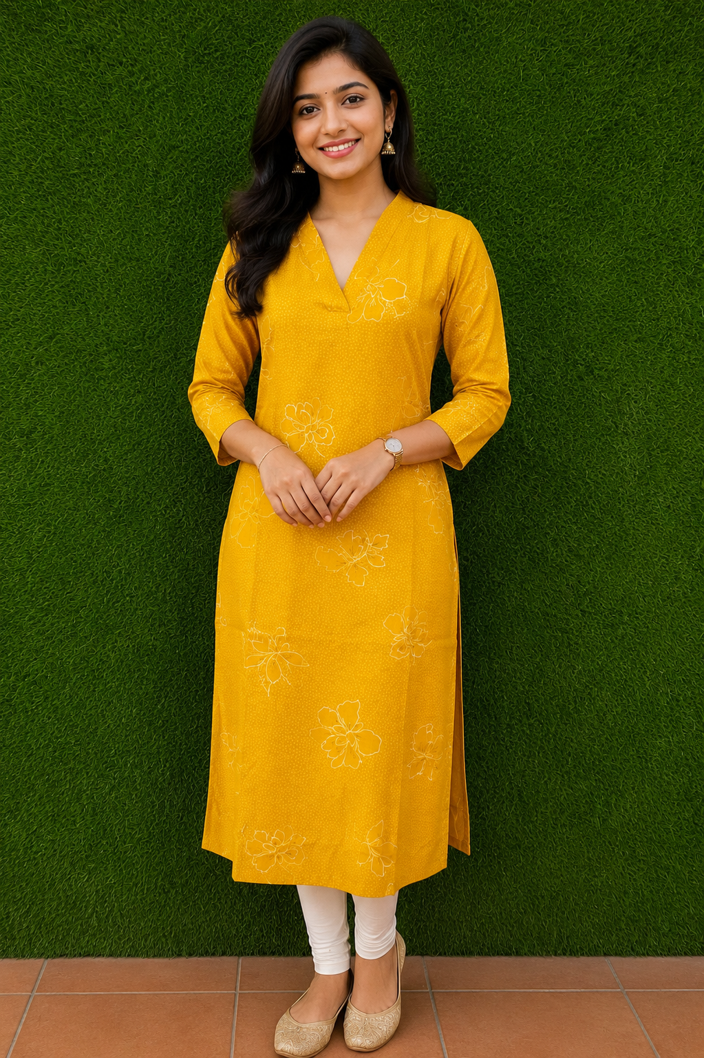 Mustard Floral Printed Straight Kurti