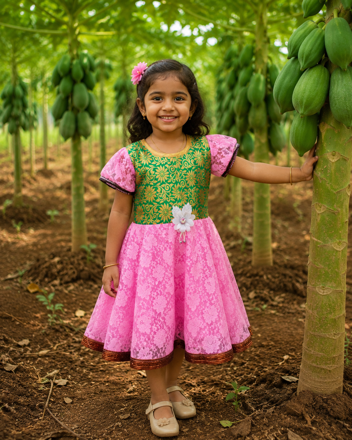 Green Brocade & Pink Lace Party Frock Dress