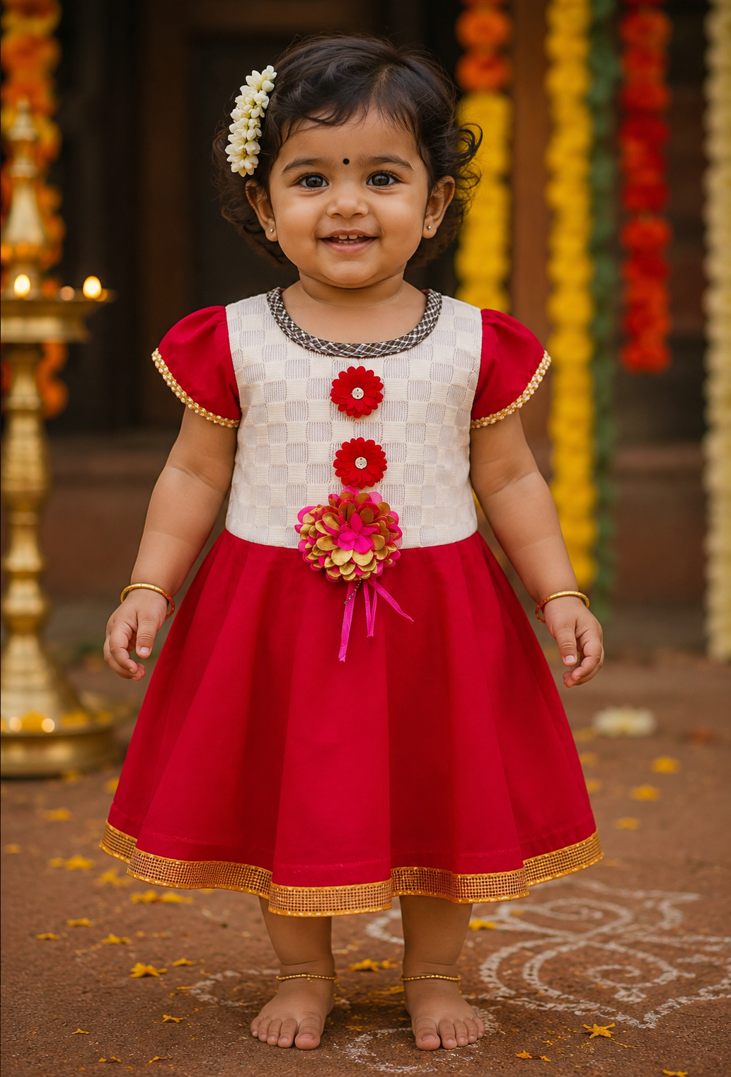 Red & Cream Baby Girl Party Frock