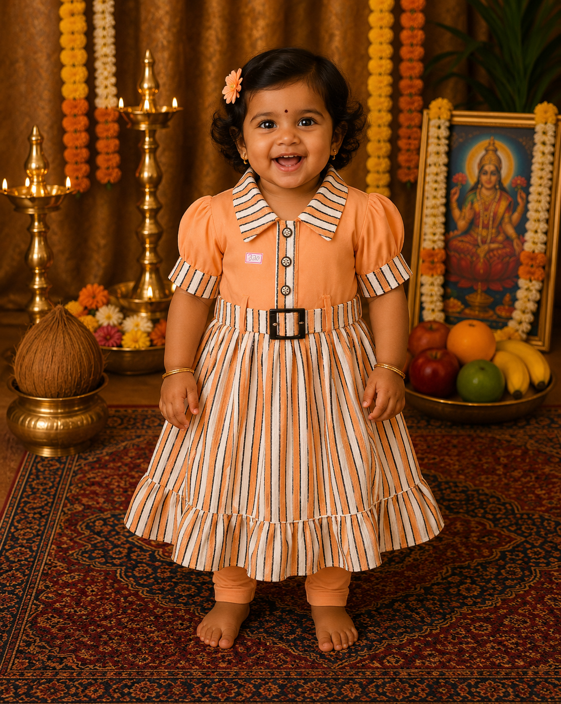 Peach Blossom Striped Kids Dress