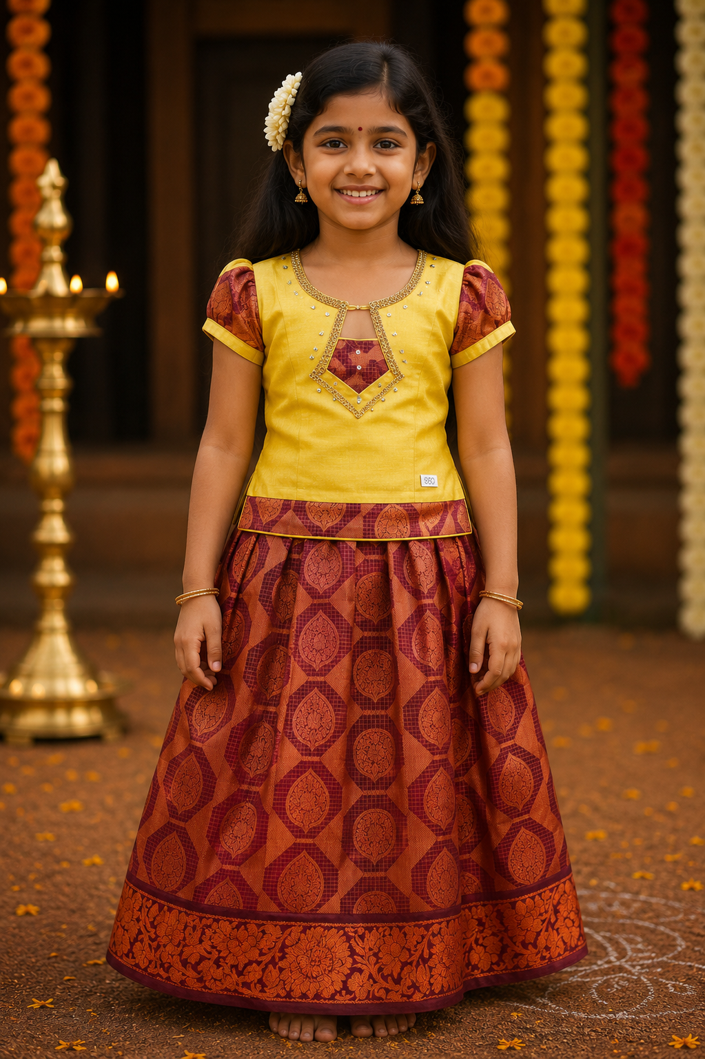 Golden Maroon Traditional Kids Lehenga Set