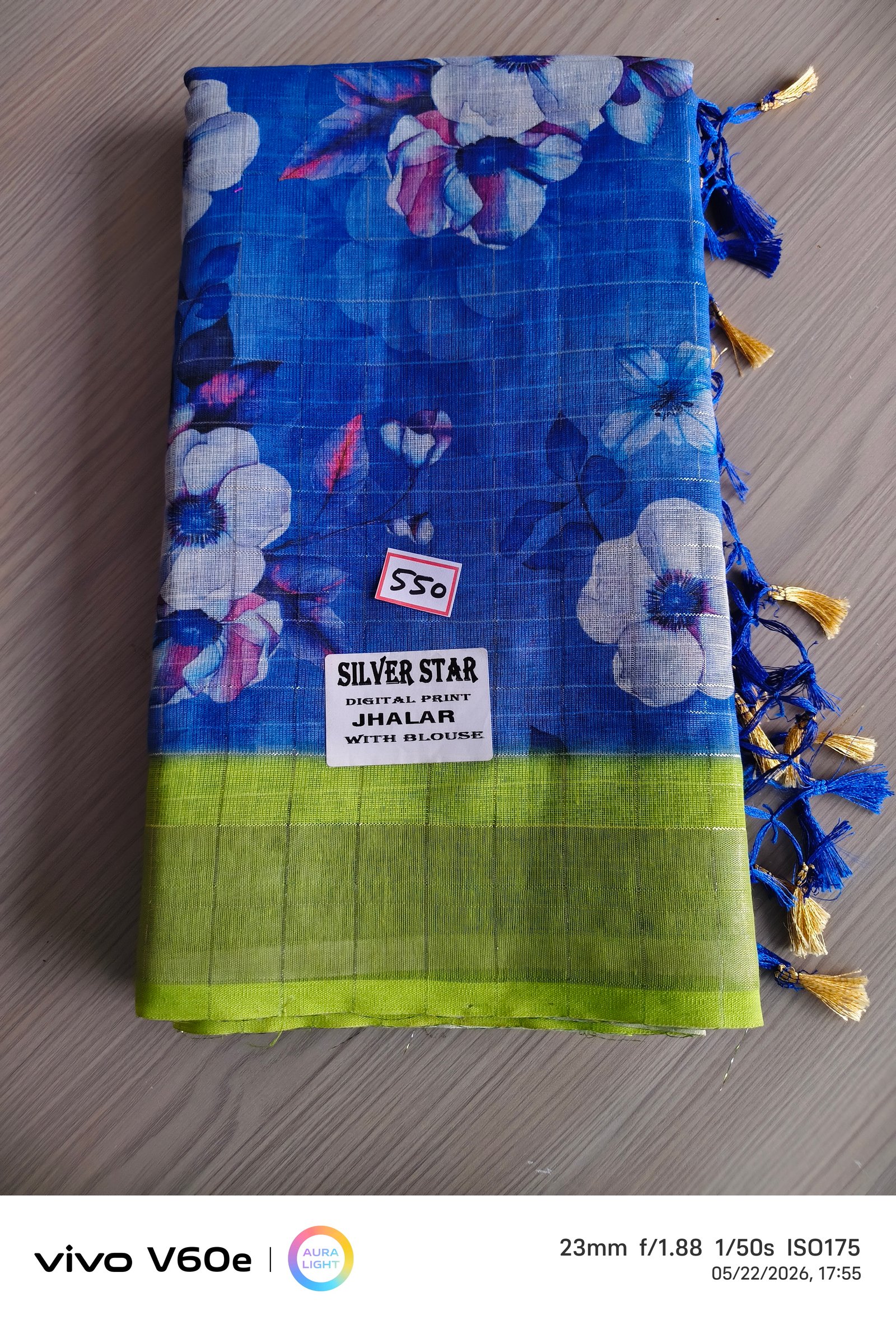 Silver Star Blue Floral Digital Print Saree
