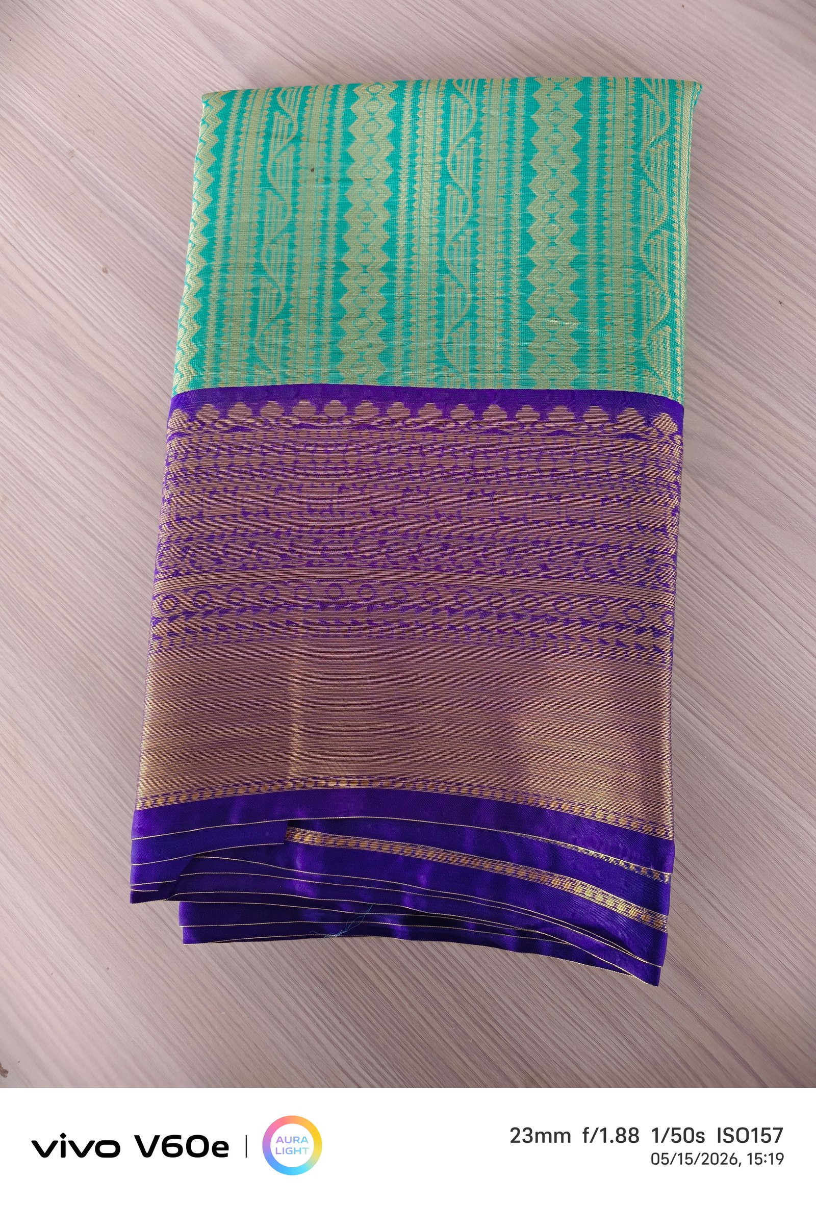 Aqua Green & Royal Purple Kanchipuram Style Silk Saree