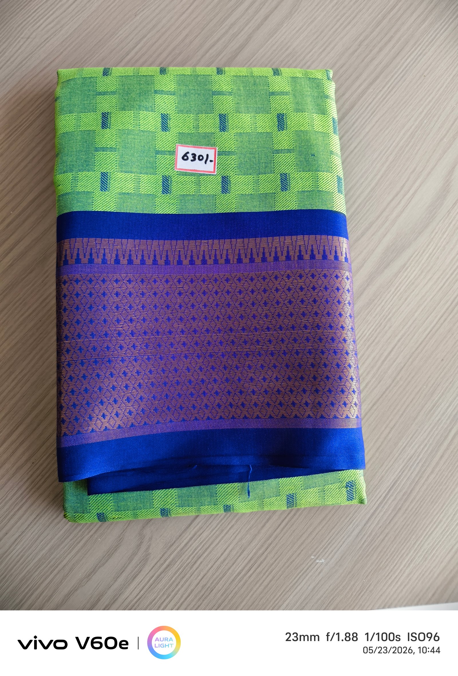 Lime Green & Royal Blue Zari Border Silk Blend Saree