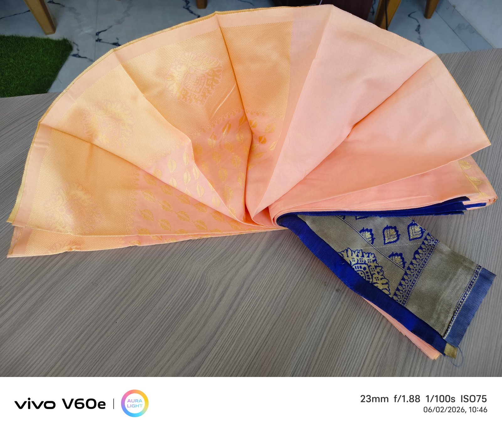 Peach Gold Leaf Motif Silk Blend Saree