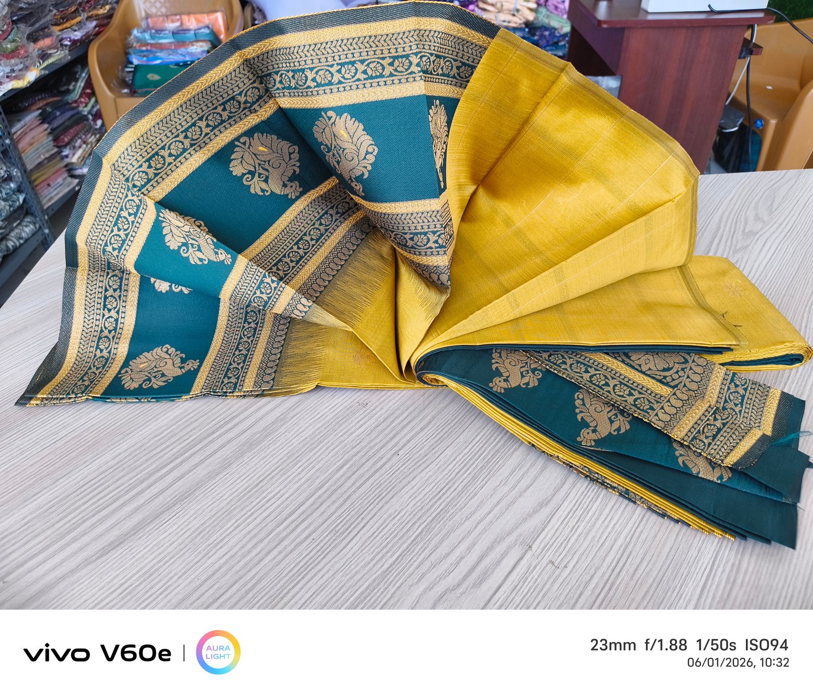 Regal Mustard & Teal Zari Border Silk Saree