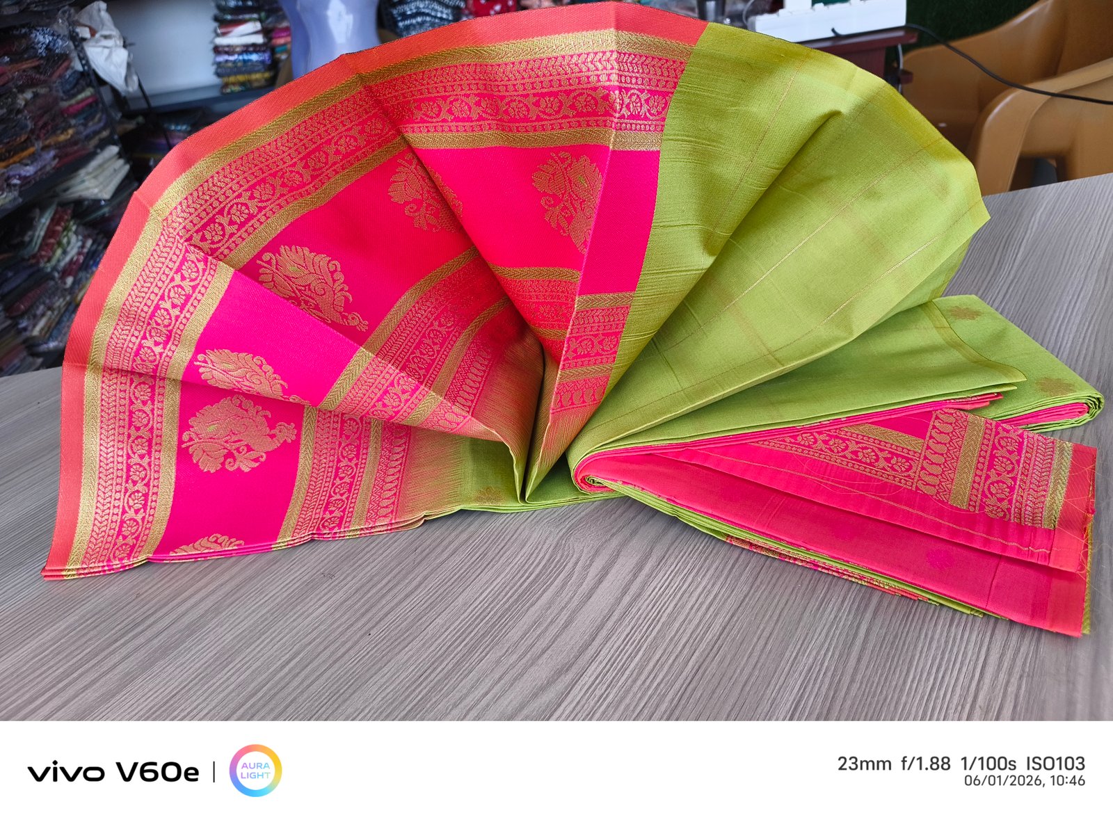 Royal Pink & Lime Green Kanchipuram Style Silk Saree