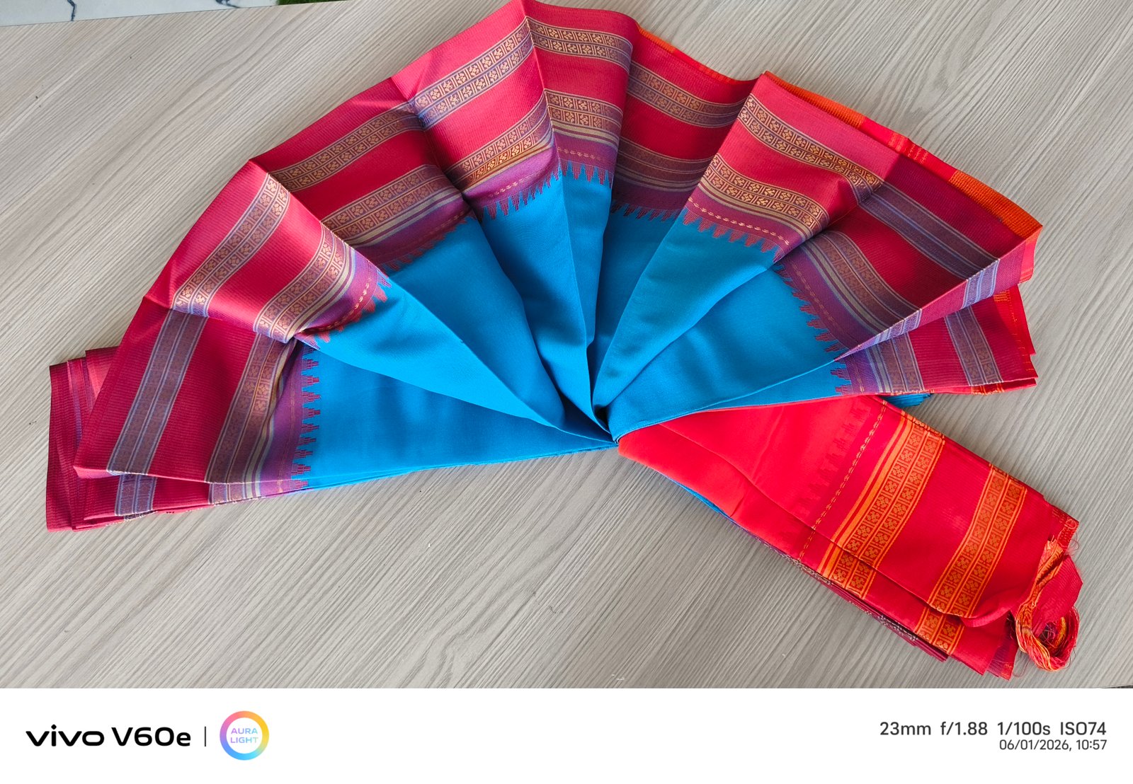 Turquoise Blue Traditional Silk Saree with Pink Temple Border