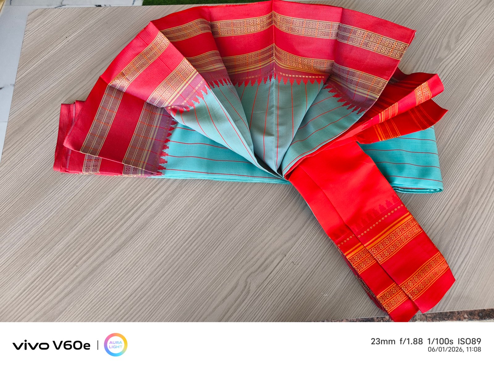 Aqua Green Traditional Silk Saree with Coral Pink Border