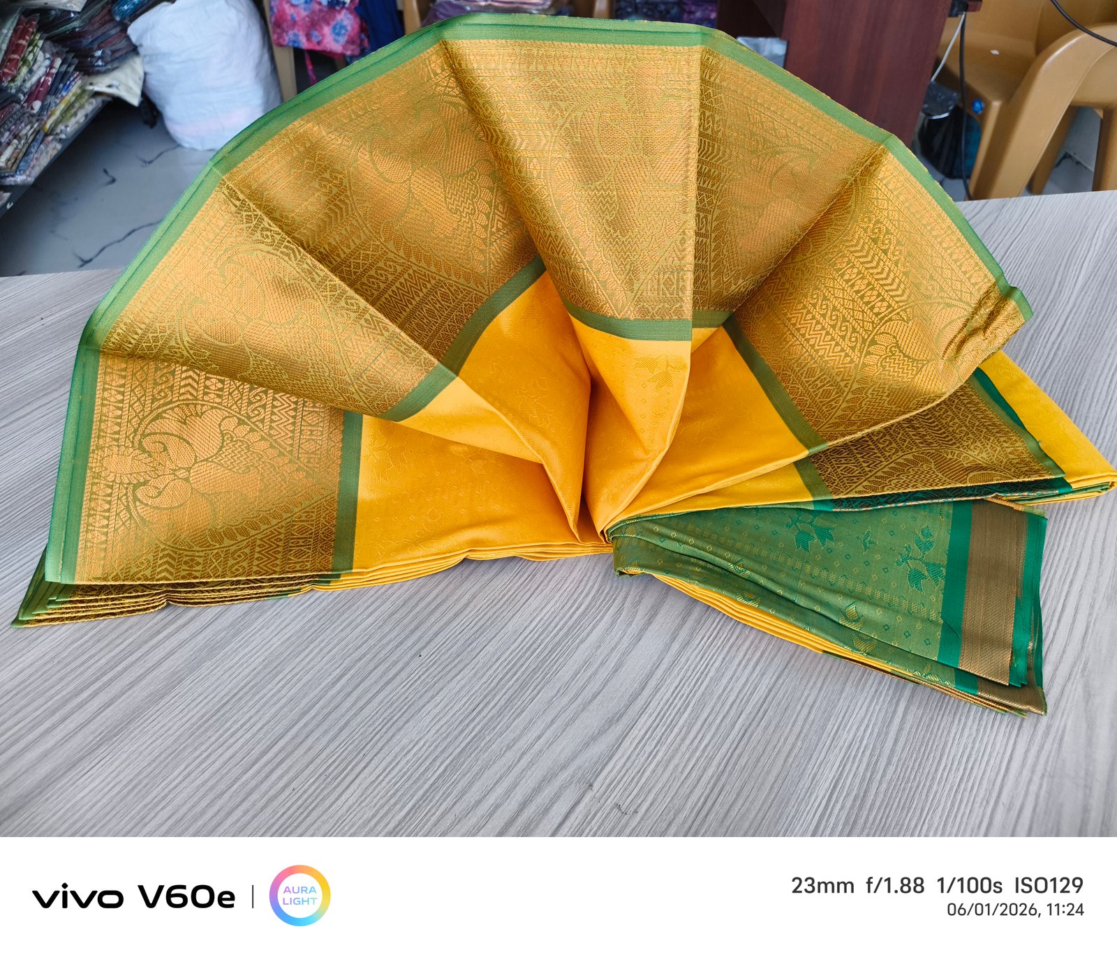Sunshine Yellow Silk Saree with Peacock Zari Border