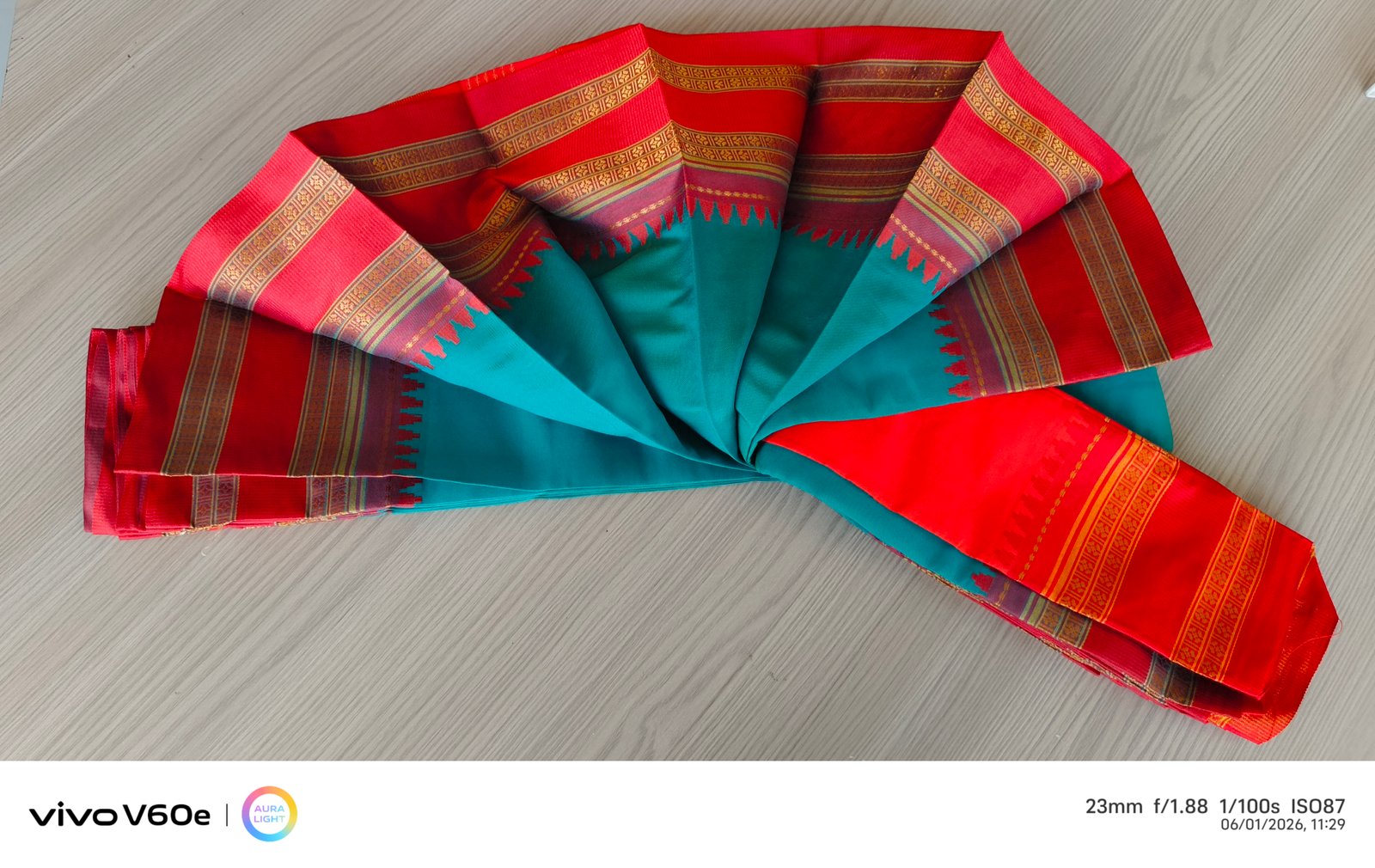 Emerald Teal Traditional Silk Saree with Ruby Red Temple Border