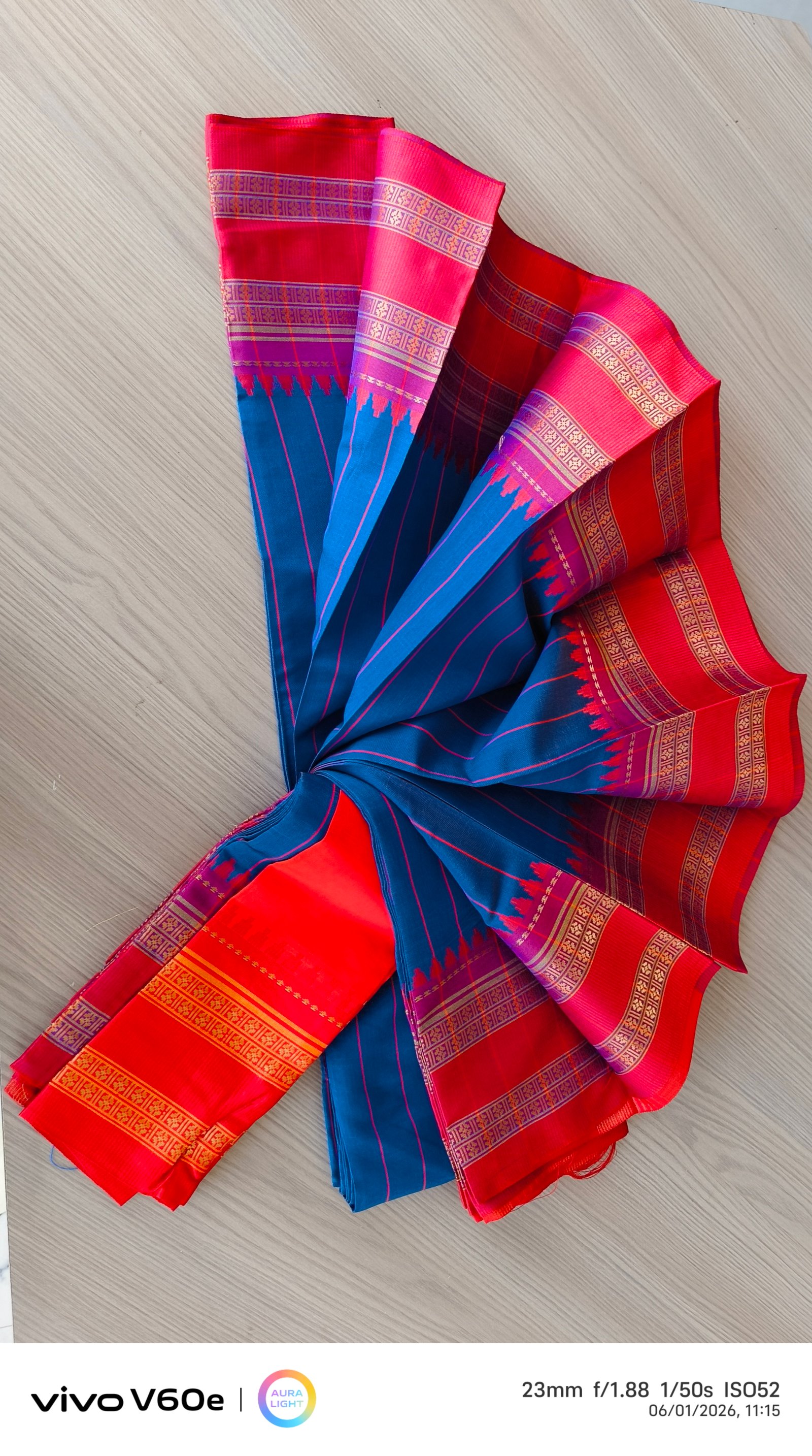 Royal Blue Stripe Cotton Silk Saree with Pink Temple Border