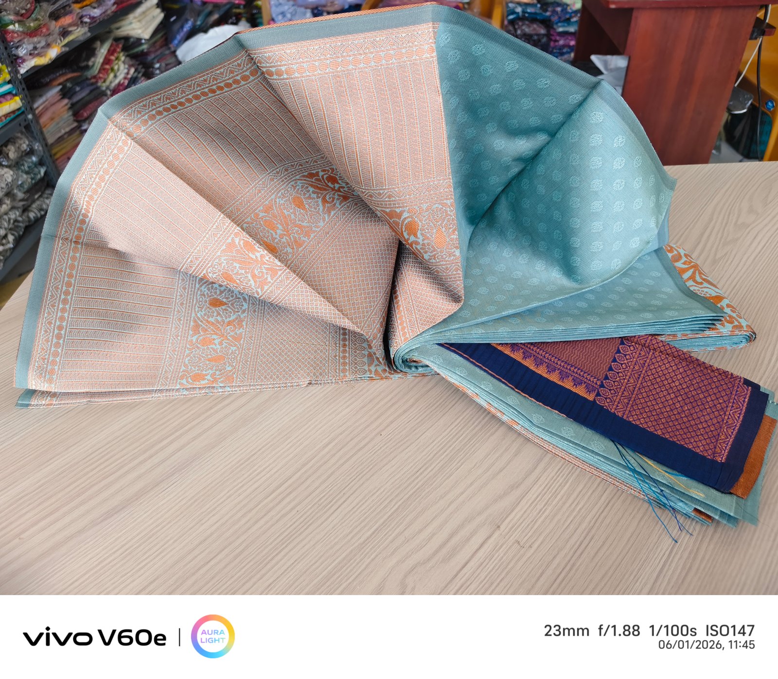 Aqua Mint Brocade Silk Saree with Floral Jacquard Weave