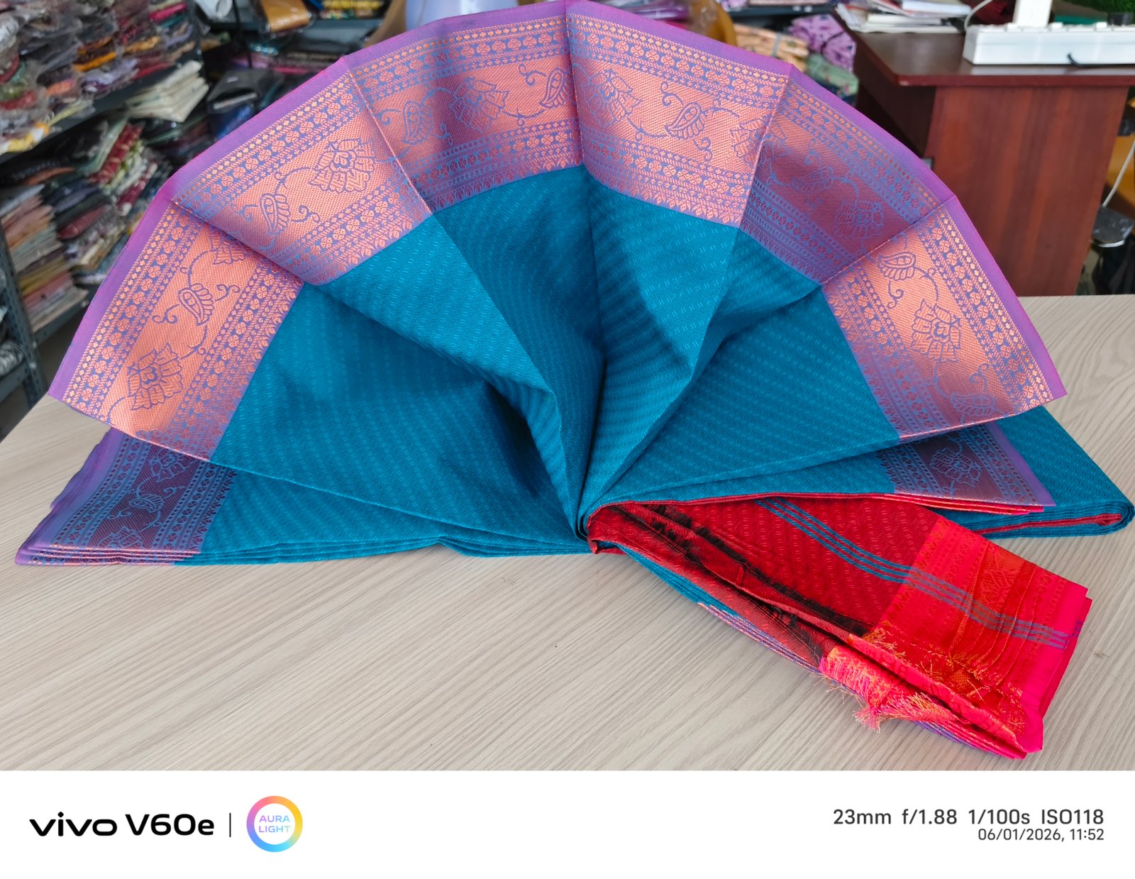 Peacock Blue Silk Saree with Contrast Zari Border