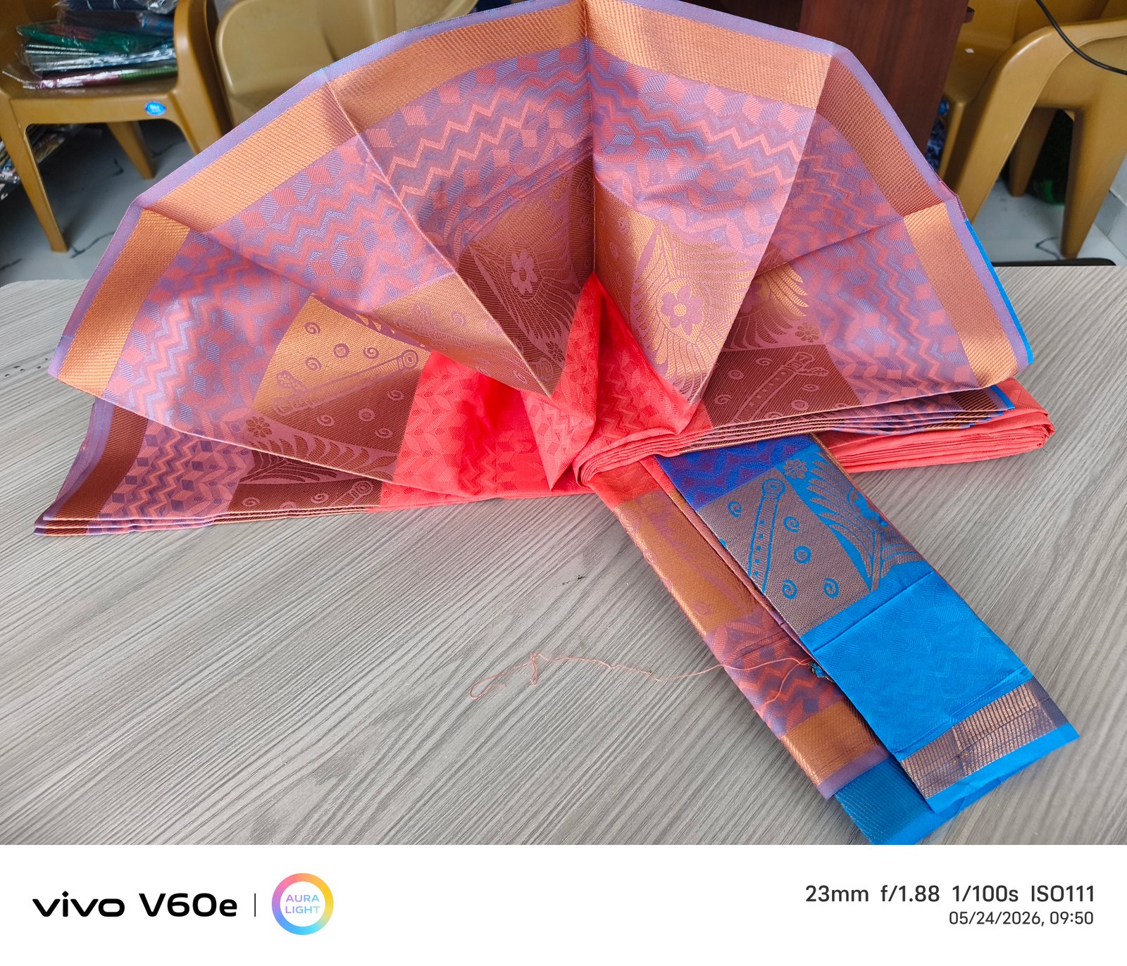 Coral Pink Silk Saree with Royal Blue Contrast Pallu