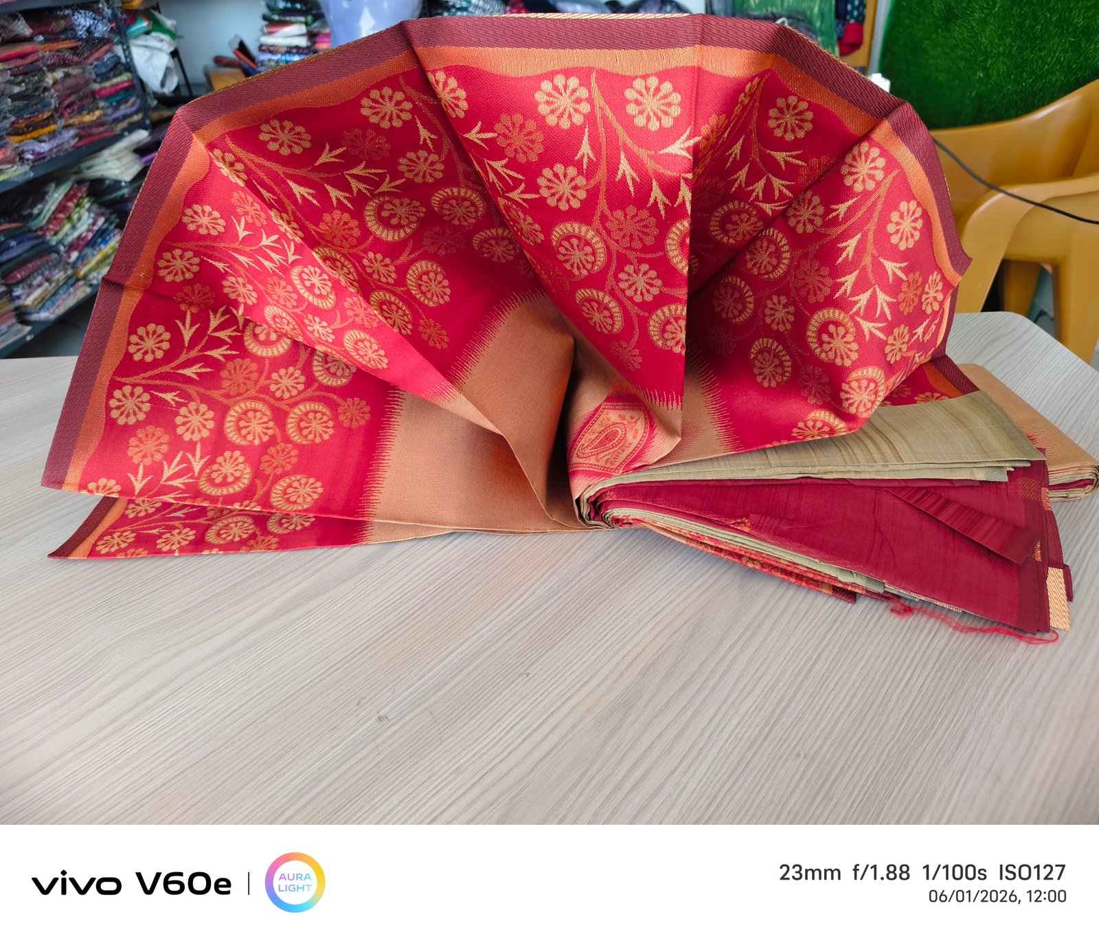 Royal Crimson Brocade Silk Saree with Gold Zari Floral Design