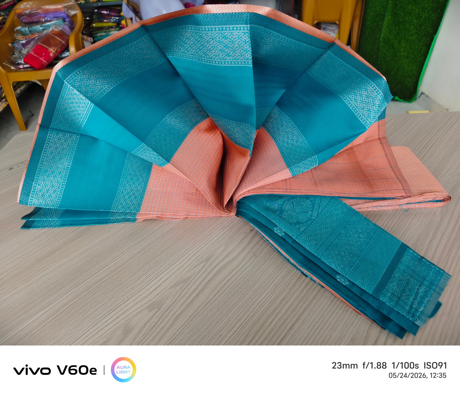 Peach Gold Checks Silk Saree with Teal Border