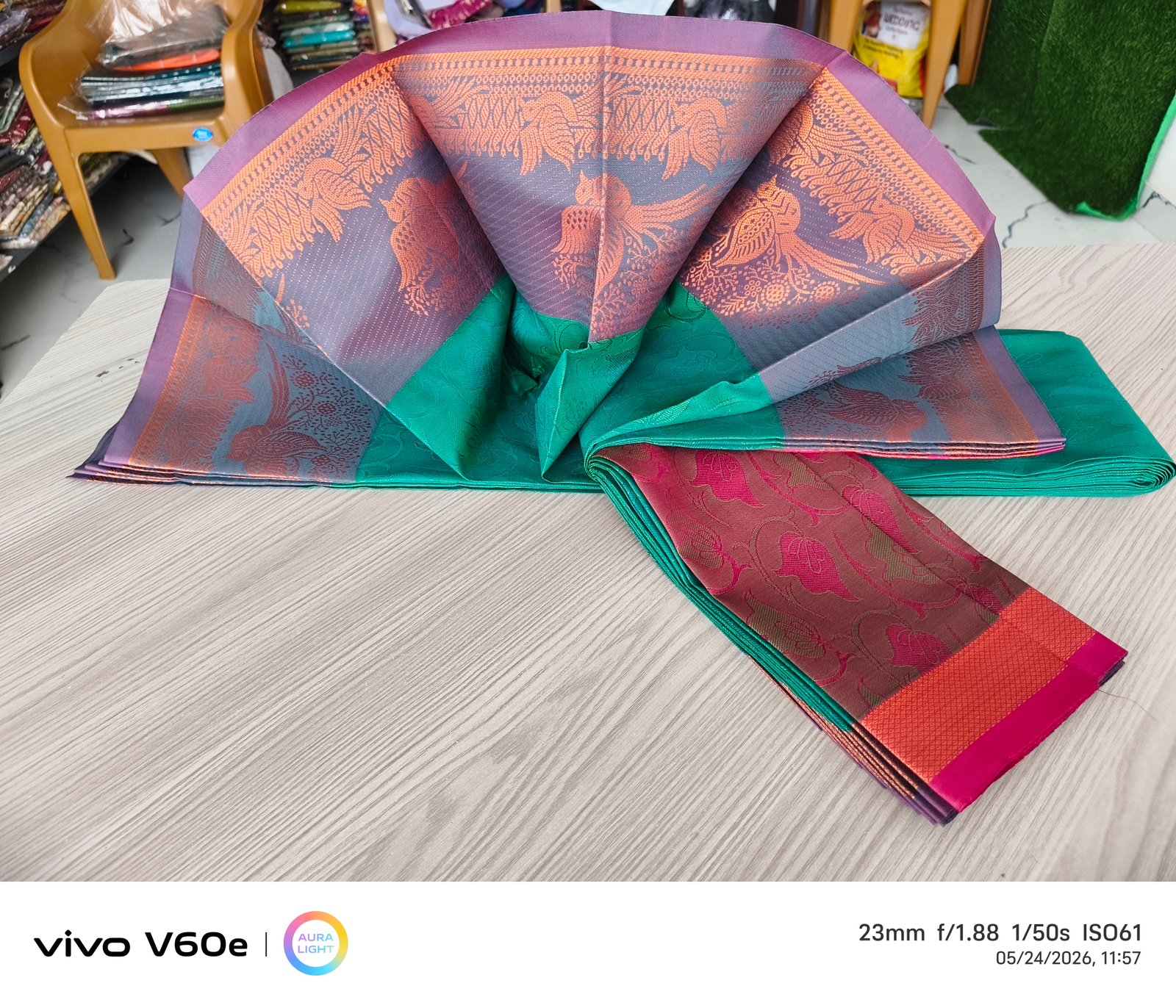 Emerald Green Peacock Motif Silk Saree
