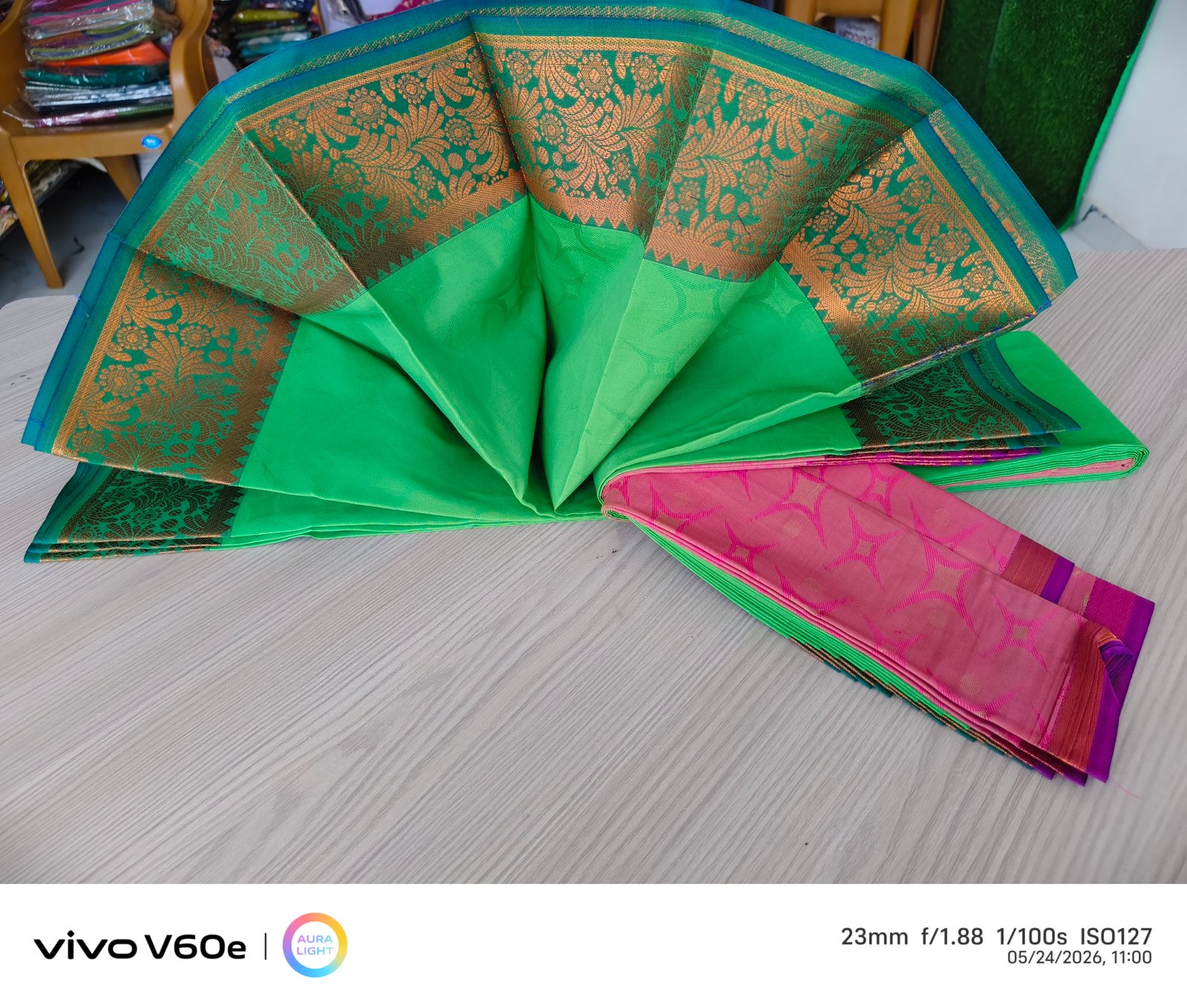 Emerald Green Silk Saree with Grand Zari Floral Border