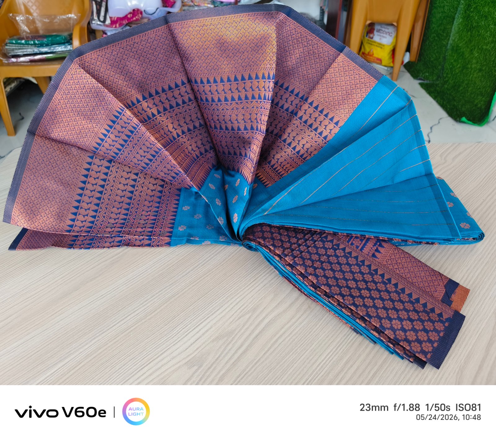 Turquoise Blue Kanjivaram Style Saree with Copper Zari Border